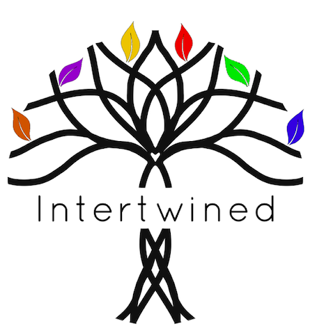 A fine line drawing of a tree with roots, branches and 6 coloured leaves (orange, purple, yellow, red, green and blue), with 'Intertwined' written through the trunk.